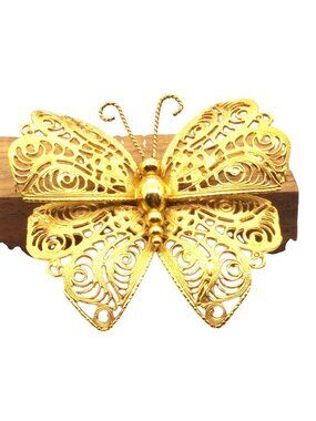 Vintage Monet Filigree Butterfly Brooch, Large Cannetille Statement Pin, Gold
